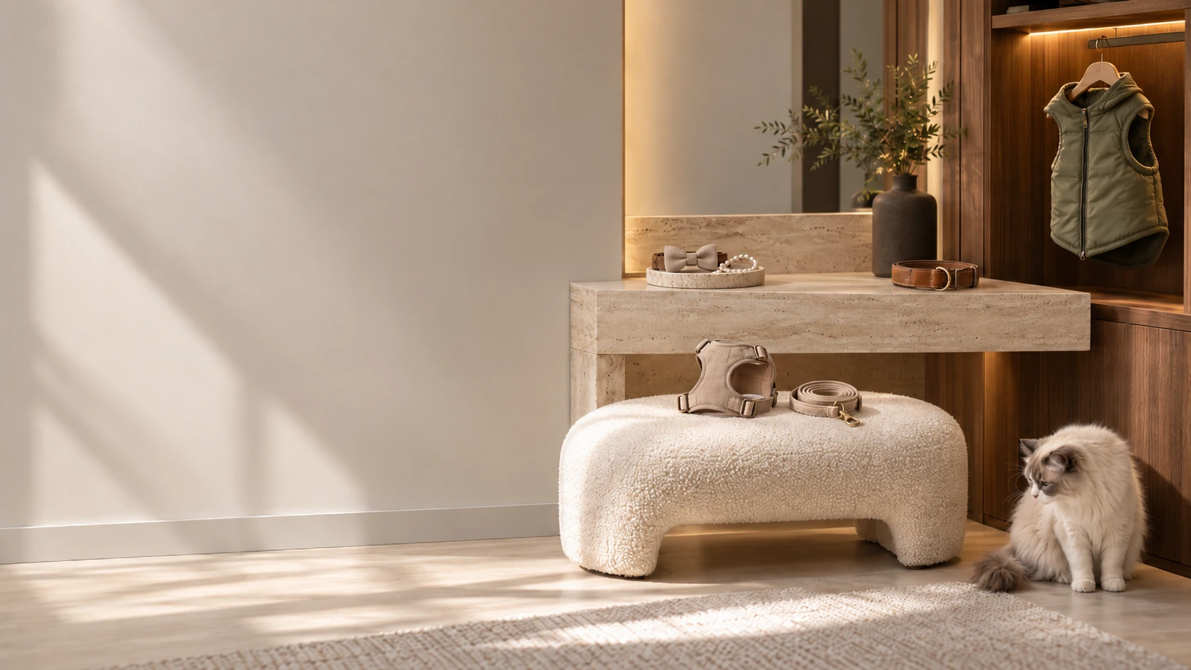 Espace vestiaire d'une entrée contemporaine premium · vestiaire ouvert en noyer sur mur greige : manteau olive pour animal suspendu dans le meuble, harnais et laisse enroulée posés sur un tabouret en tissu crème, collier de localisation en cuir à droite du plan en travertin, nœud papillon et collier de perles sur un plateau en pierre à gauche · coin douillet du chat