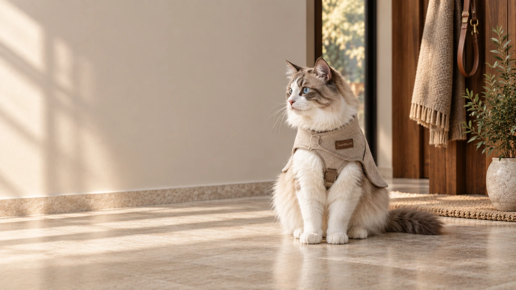 Un vestiaire d'entrée raffiné, le chat assis bien droit dans un manteau couleur avoine souple et ajusté