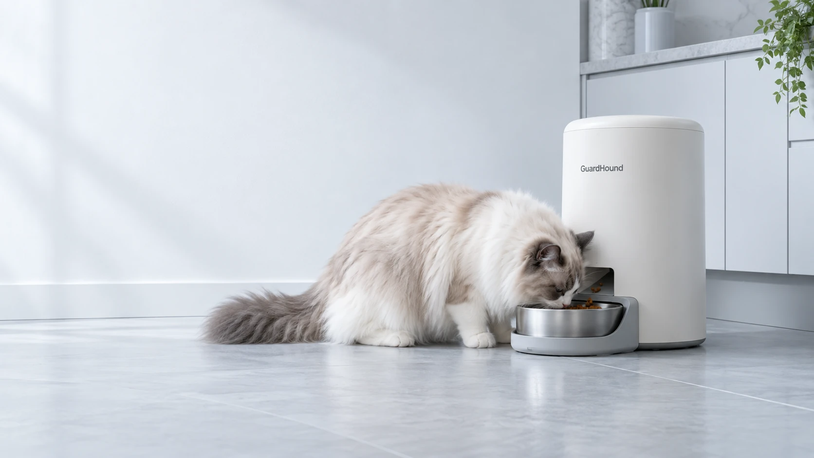 Dans un coin cuisine aux tons froids, le distributeur intelligent libère les croquettes à l'heure, le chat mange calmement