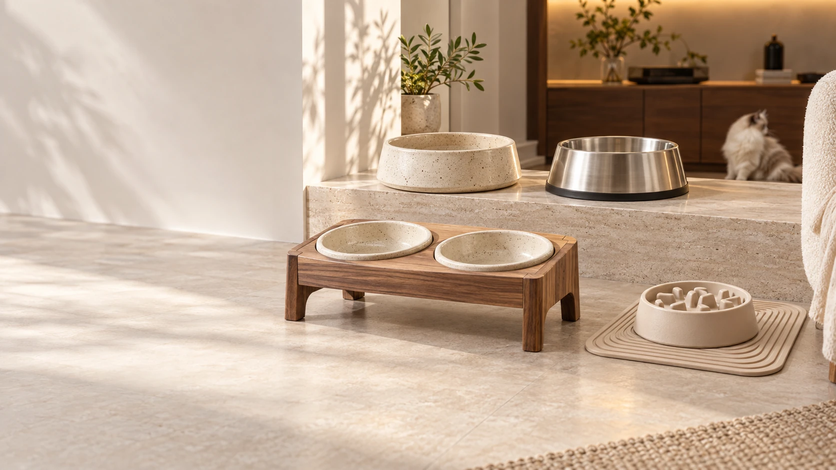 Coin repas contemporain premium · quatre pièces de vaisselle pour chat en vedette : bols en céramique à émail crème et bols en inox disposés de part et d'autre d'un plan en travertin, table surélevée à deux bols en noyer au centre, bol d'alimentation lente avec tapis antidérapant à droite, entièrement dans le cadre · coin douillet du chat