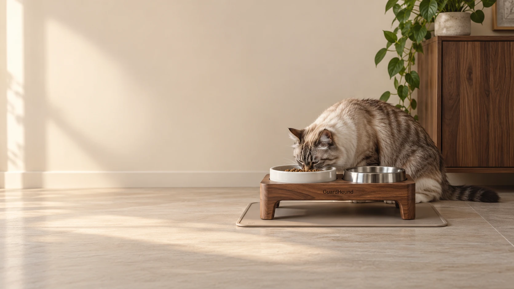 Un coin de cuisine dans la lumière du matin, bols en céramique sur un support double en bois massif, le chat veille tranquillement
