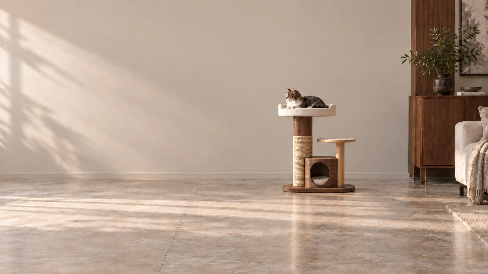 Salon contemporain raffiné de l'après-midi, le chat repose tranquillement sur la plateforme haute d'une tour en noyer, à sa propre hauteur
