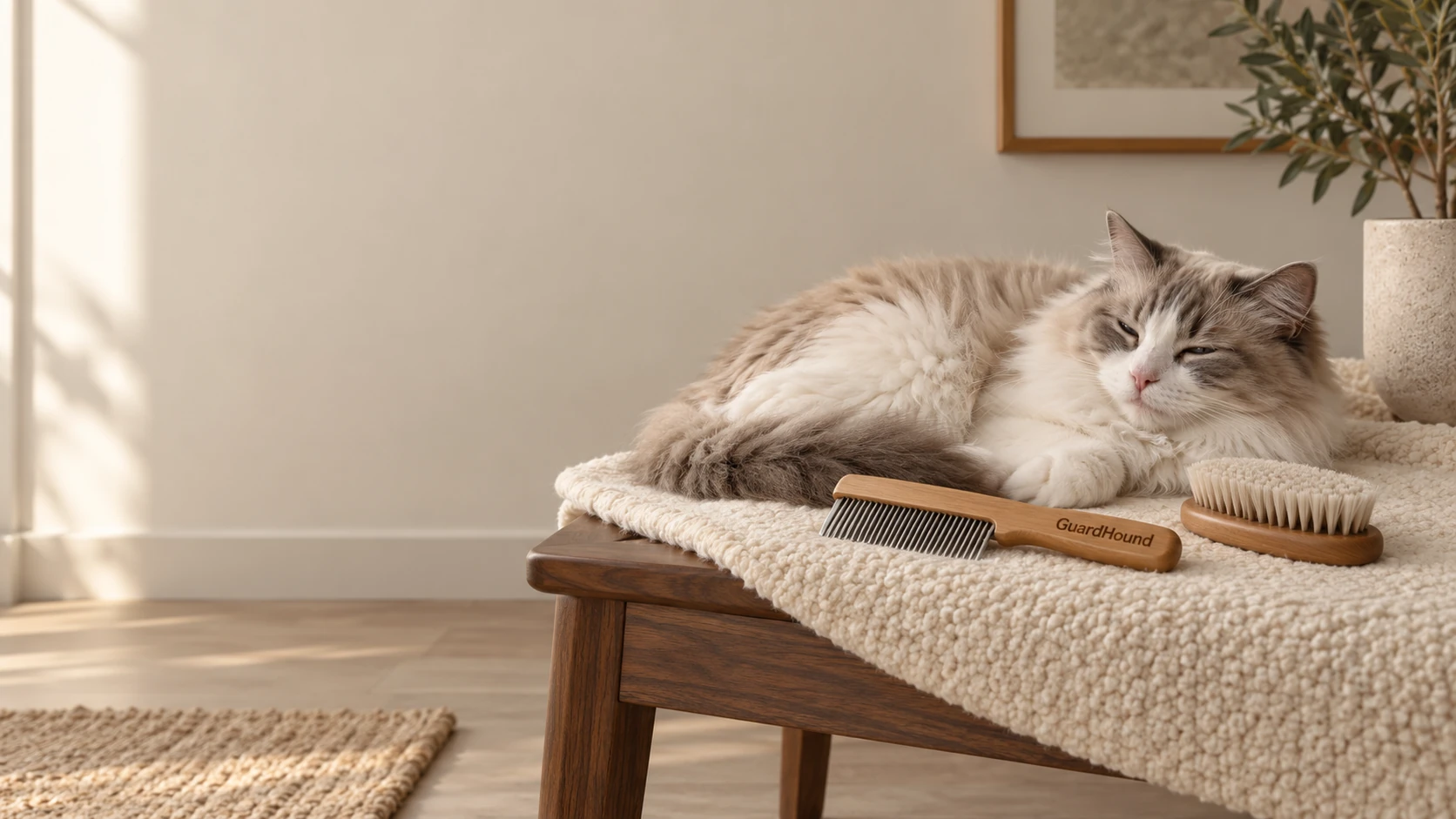 Sous une lumière douce, le chat se détend sur un tapis tissé, le peigne à manche en bois posé près de lui