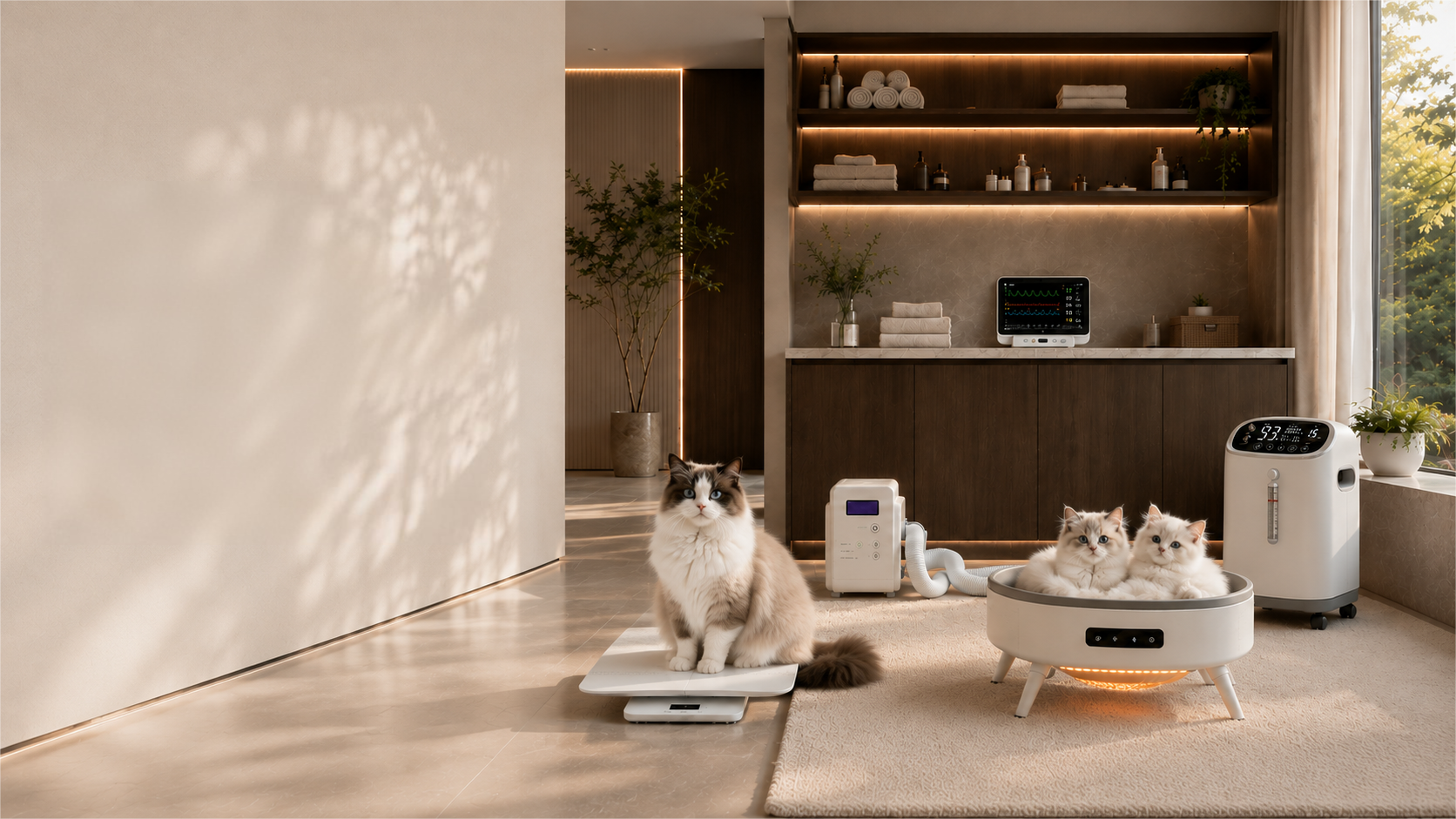 Espace de soins d'une résidence moderne · un ragdoll avec moniteur ECG vétérinaire, concentrateur d'oxygène pour animaux 5L, Détiqueur intelligent, balance vétérinaire graduée et chauffe-animaux intelligent à température constante