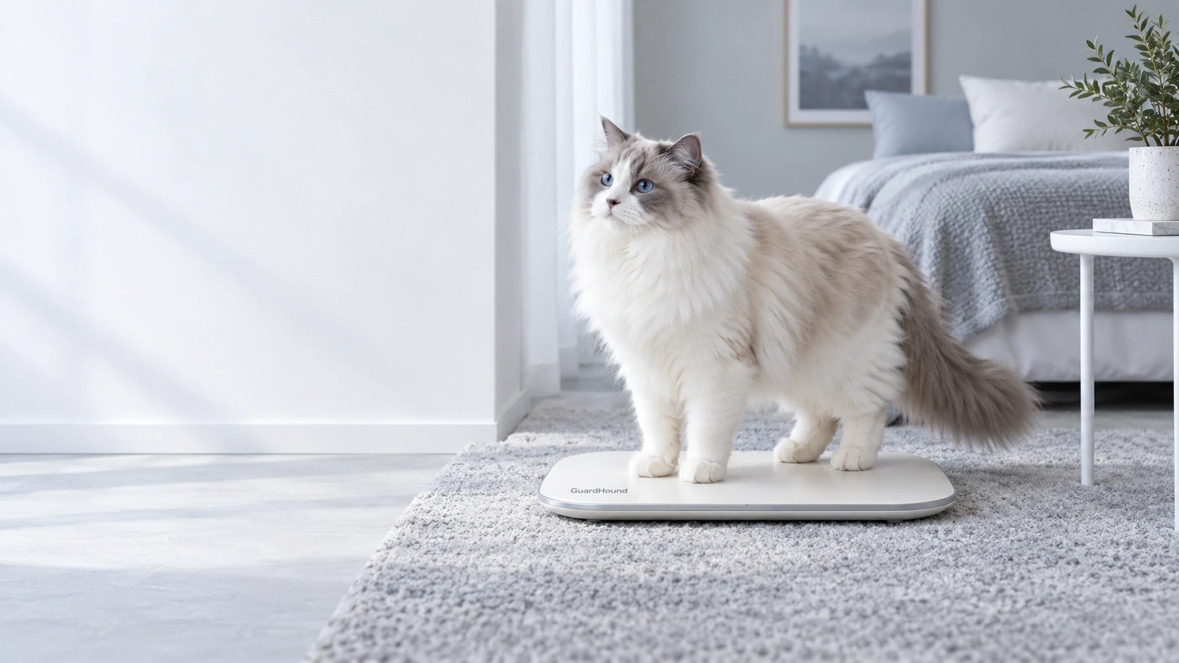 Coin tranquille dans la lumière du matin, le chat monte naturellement sur une balance santé blanc crème, le quotidien se note en douceur