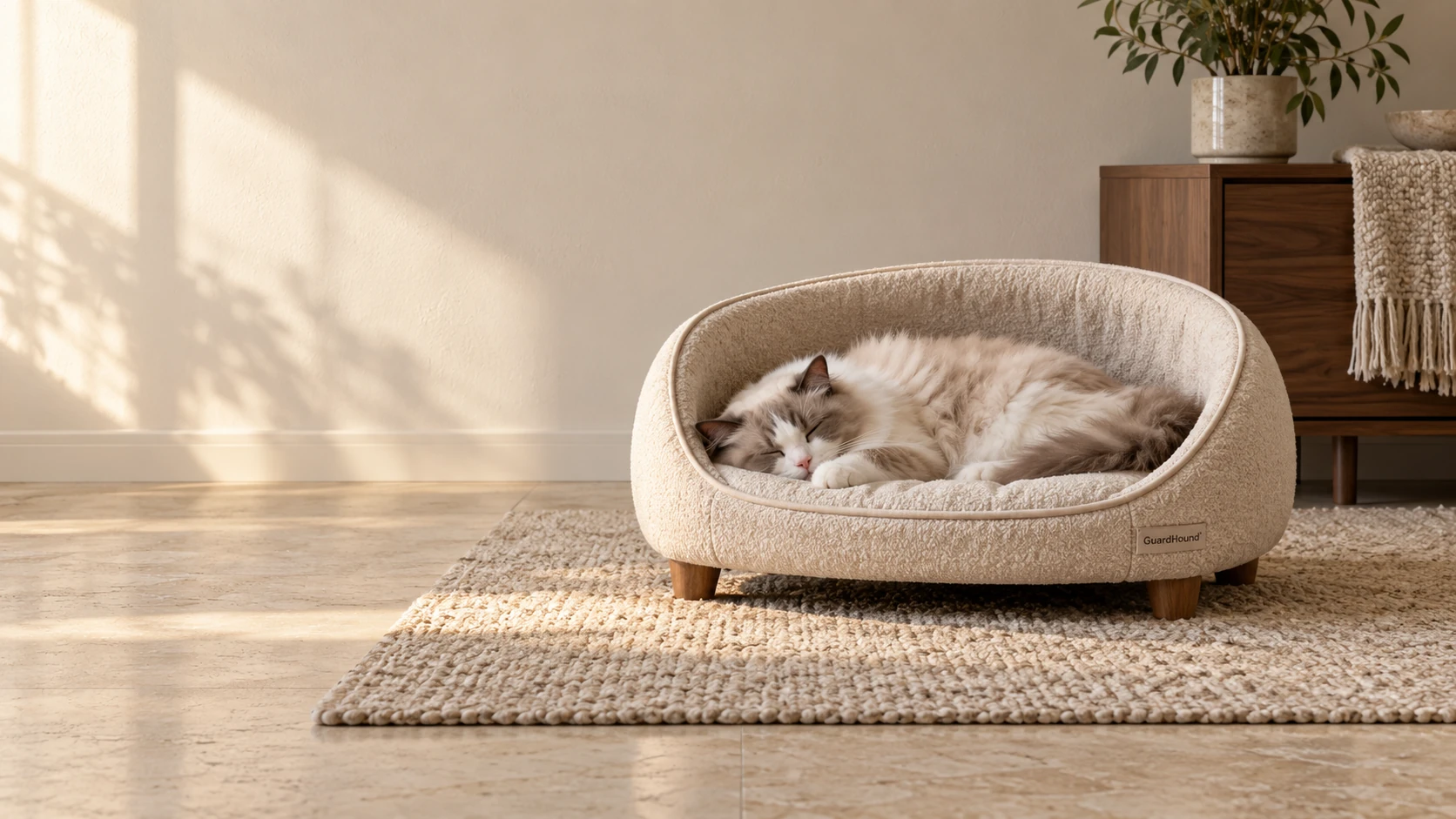 Dans la lumière chaude de l'après-midi, un chat à poil long dort dans une niche basse couleur avoine à demi fermée