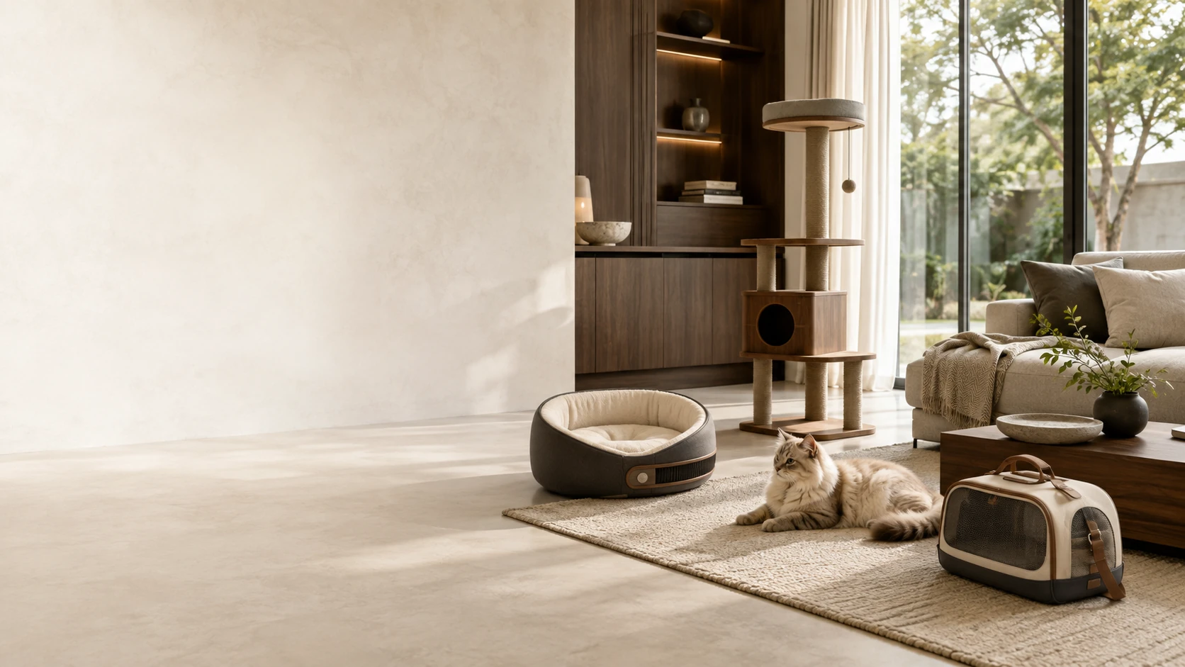 Salon contemporain premium pour animaux · un chat à poils longs allongé près d'une niche intelligente à température constante, le confort intelligent et la lumière naturelle intégrés au coin de la maison