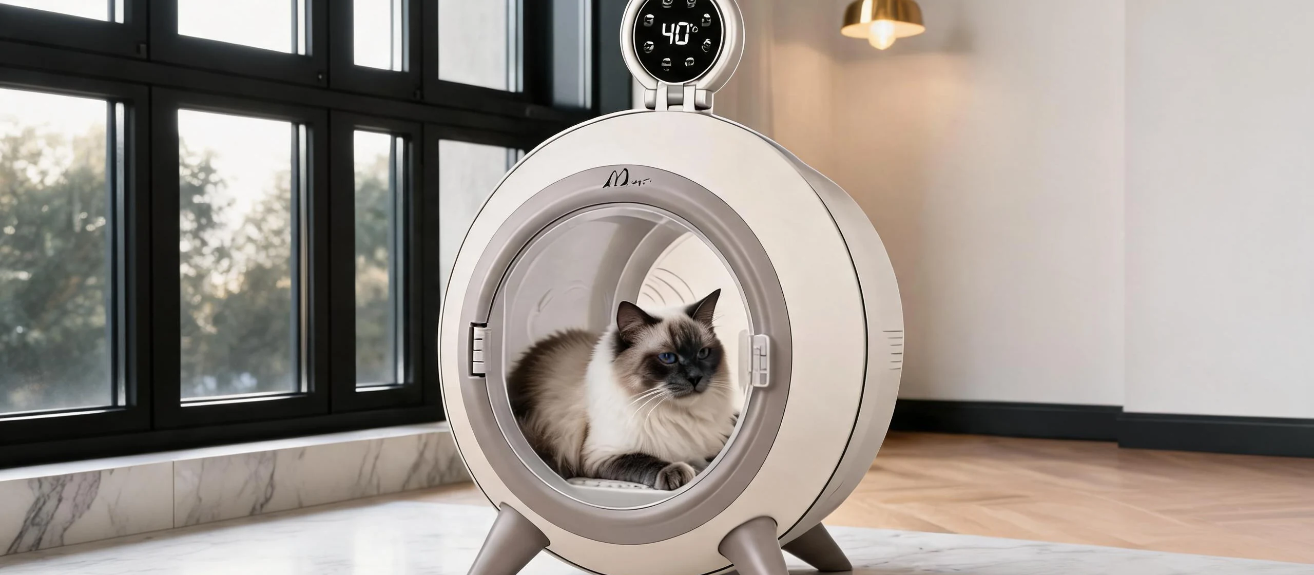Dans le salon d'une résidence contemporaine raffinée, un Ragdoll repose dans une capsule de vie intelligente à température régulée