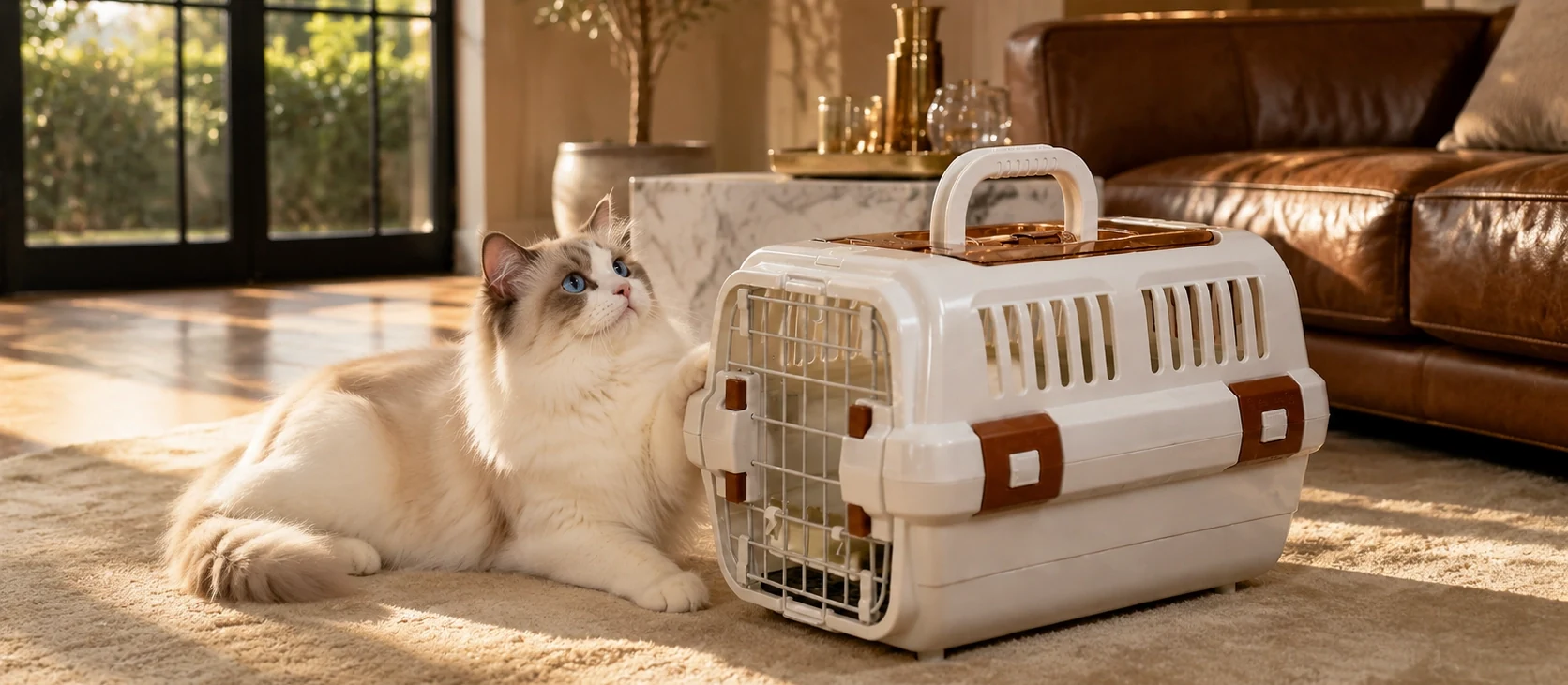 Dans un salon chaleureux, le chat et une caisse de transport haut de gamme se côtoient calmement · un moment posé avant le départ