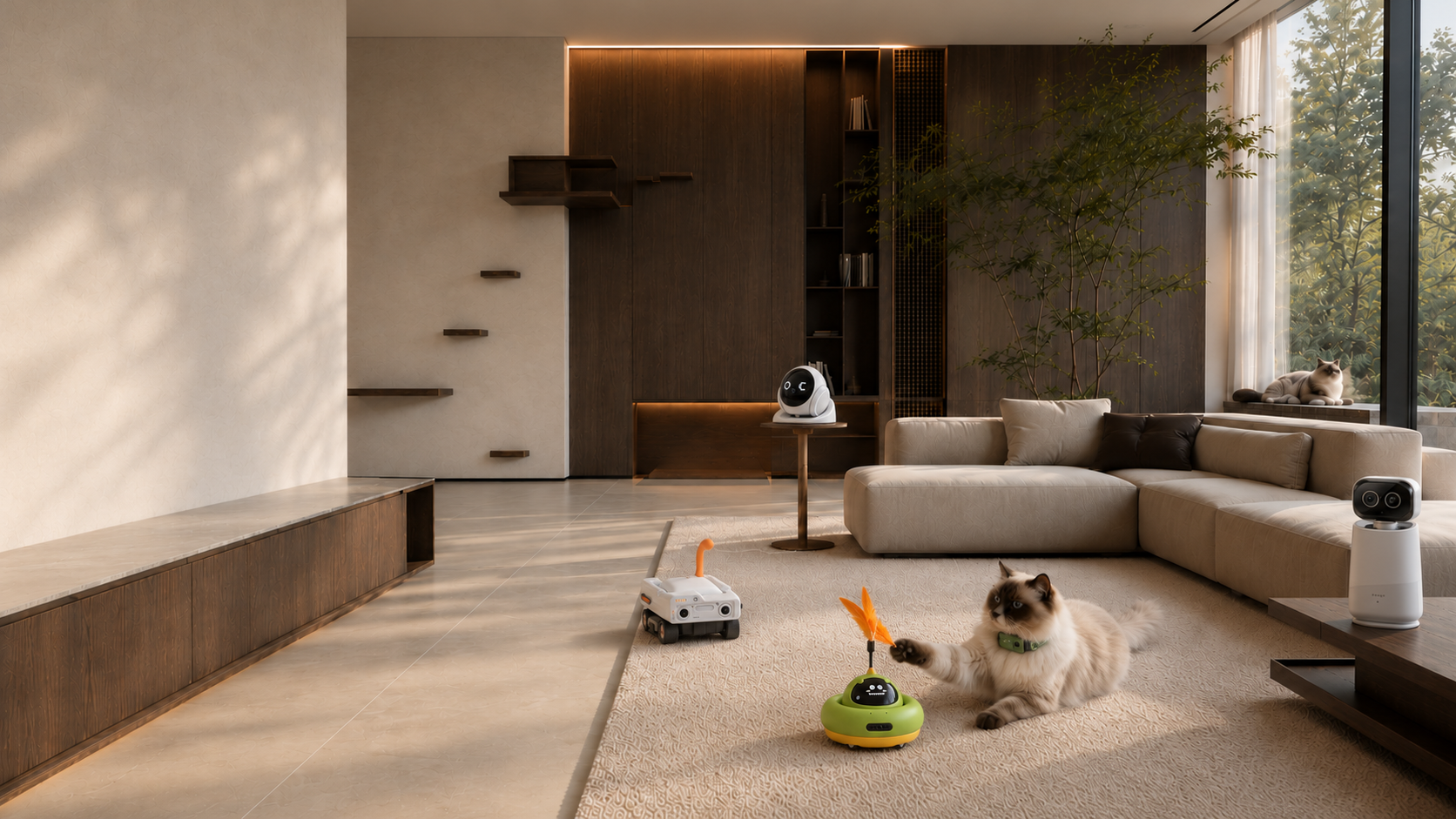 Salon d'une résidence moderne haut de gamme · un ragdoll avec caméra pour animaux AI 360°, caméra d'interaction de bureau, robot compagnon mobile, jouet intelligent pour chat et collier intelligent