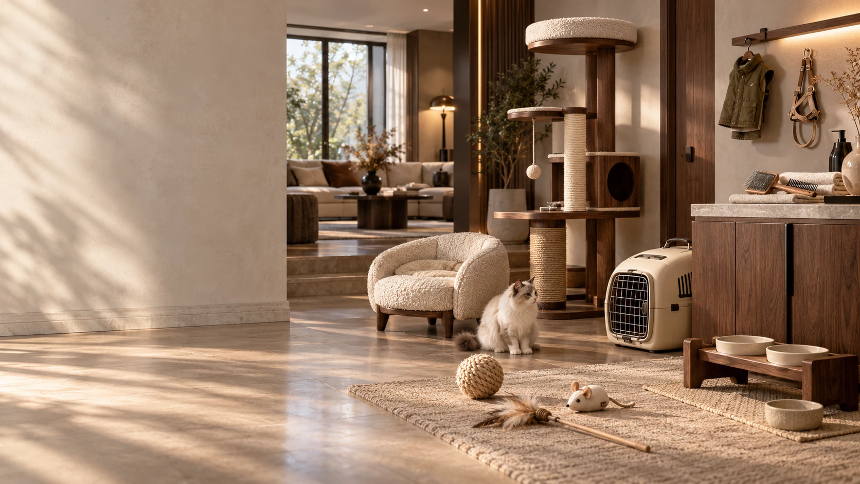 Dans une résidence contemporaine premium, les sept familles d'accessoires PET ESSENTIALS se répartissent naturellement : niche en textile, mobilier pour chat en noyer, caisse de transport rigide, jouets naturels, instruments de soin, support en bois pour bols en céramique et manteau avec harnais
