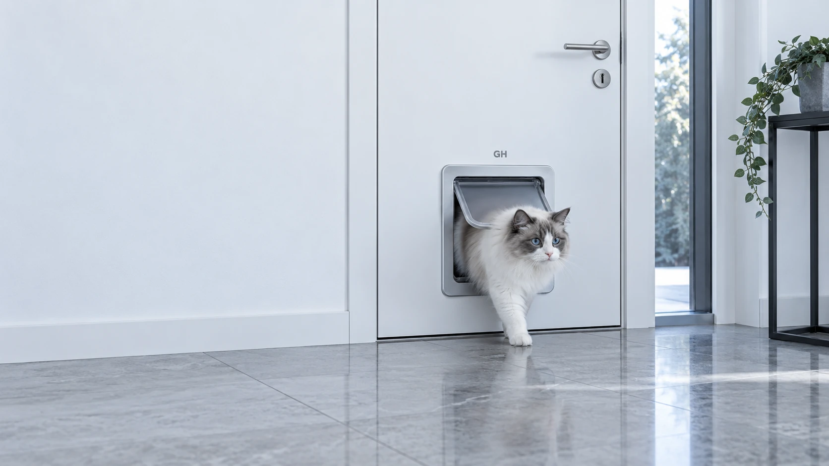 Entrée aux tons froids, le chat traverse naturellement la chatière intelligente encastrée dans le mur