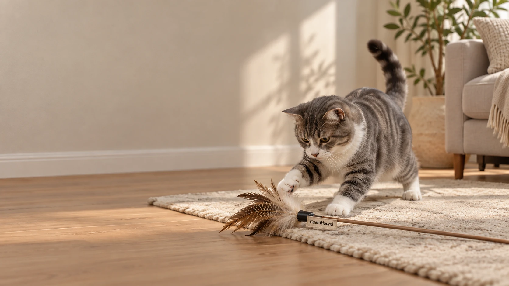 Salon de l'après-midi, le chat bondit sur une baguette à plumes, un instant de jeu joyeux