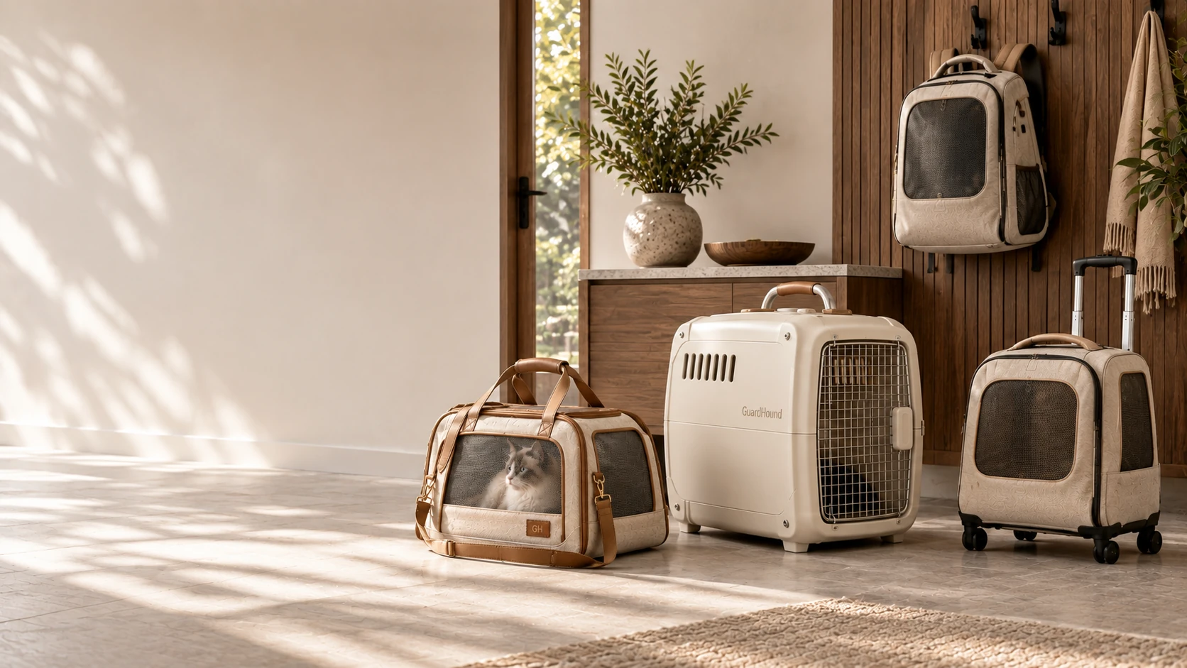 Système de transport pour animal dans une entrée contemporaine premium : caisse rigide blanc crème, sac souple en cuir, sac à dos et sac à roulettes