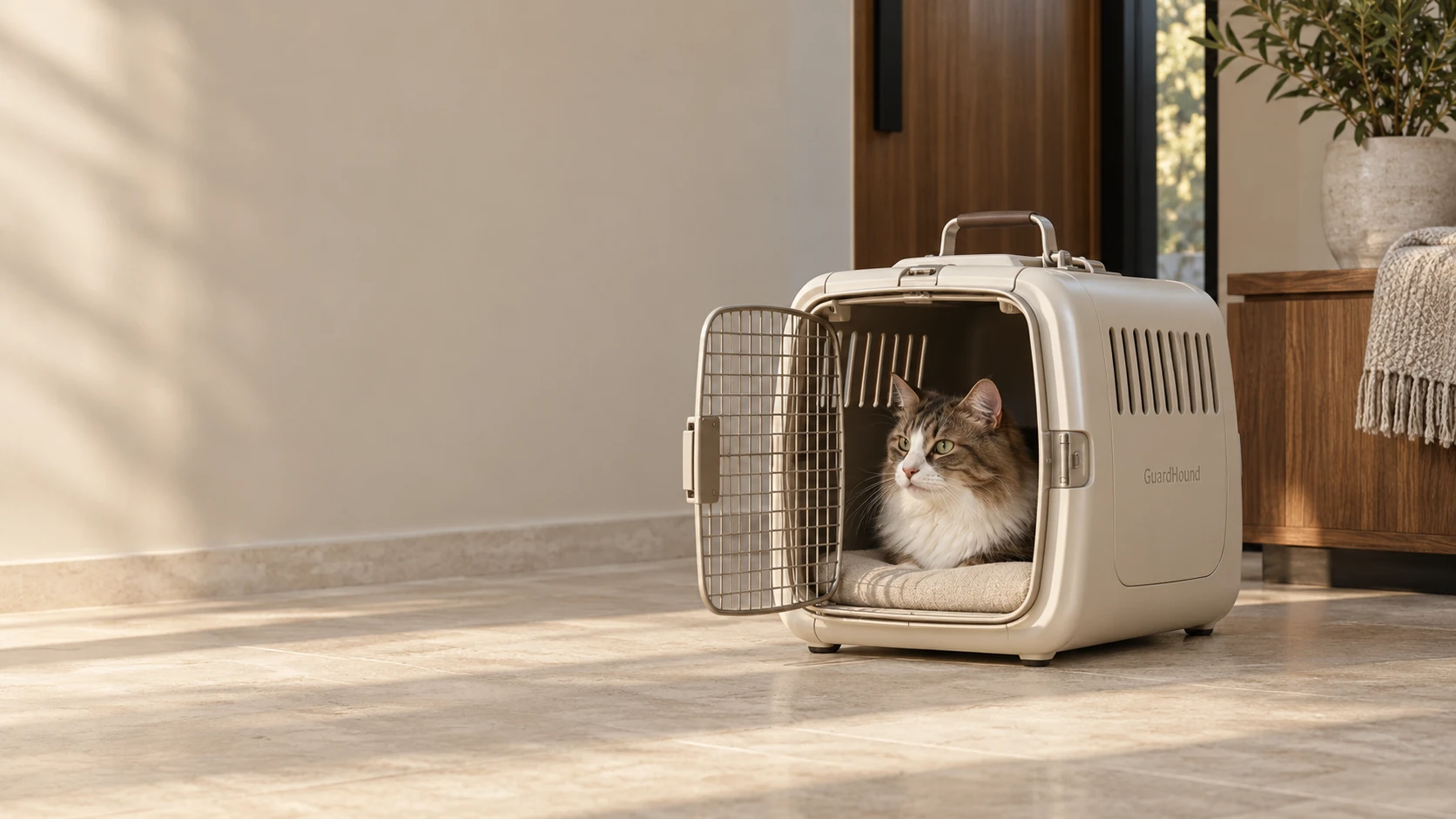 Entrée de l'après-midi, le chat repose tranquillement dans une caisse de transport rigide blanc crème, un instant paisible avant le départ