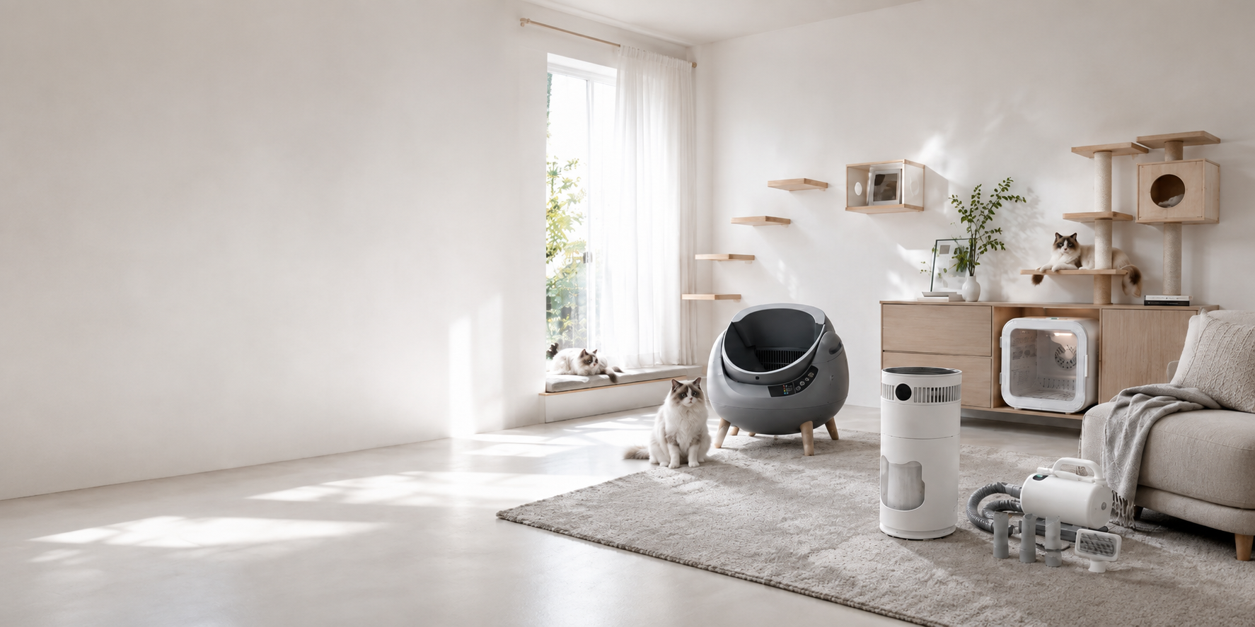 Salon contemporain clair en blanc froid · litière intelligente grise · purificateur d'air désodorisant · appareil de nettoyage du poil et caisson de séchage intégré au meuble