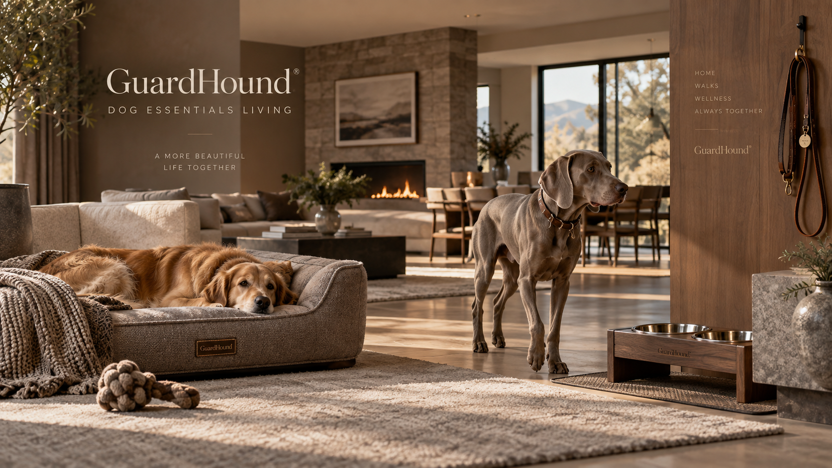 Publicité de marque GuardHound · DOG ESSENTIALS LIVING · Art de vivre des essentiels canins