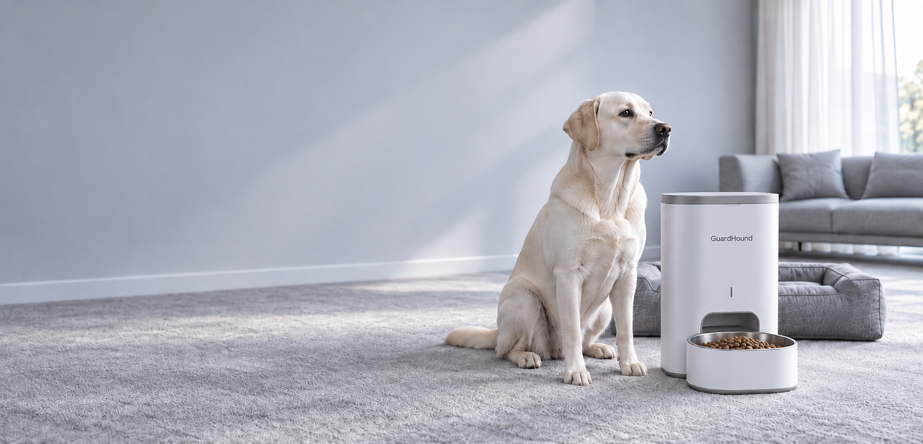 Produits canins, connectés et du quotidien, accompagnés d'un chien tranquille dans un intérieur moderne