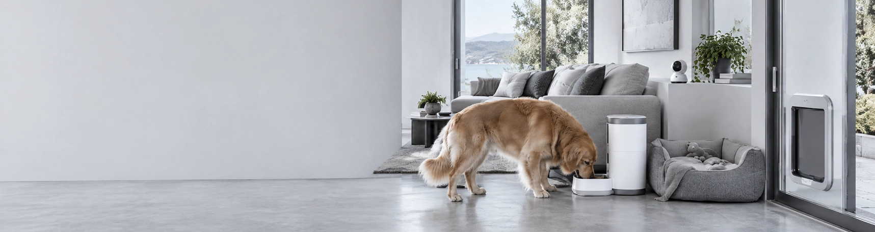 Dans un salon moderne, un golden retriever mange près d'un distributeur de croquettes connecté, à côté d'un panier, d'une caméra connectée et d'une chatière dans une porte vitrée