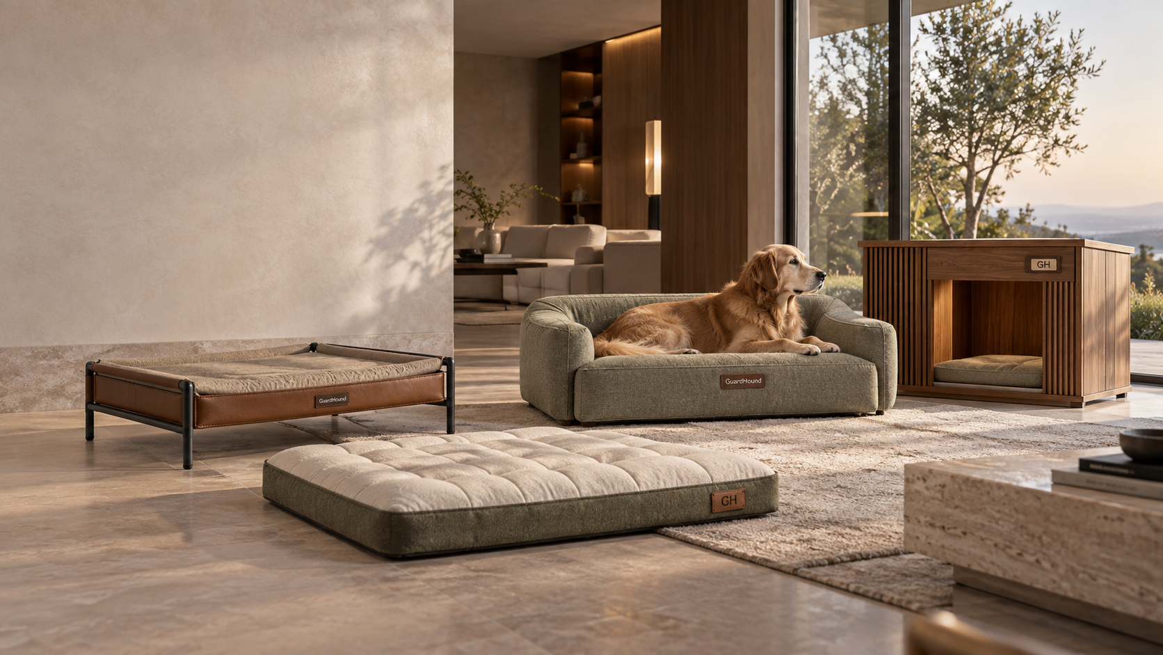 Famille de produits Repos et maison GuardHound · Salon d'une résidence contemporaine haut de gamme : lit pour chien à structure métallique, matelas à mémoire de forme indépendant, canapé-lit pour chien (golden retriever au repos) et niche en bois