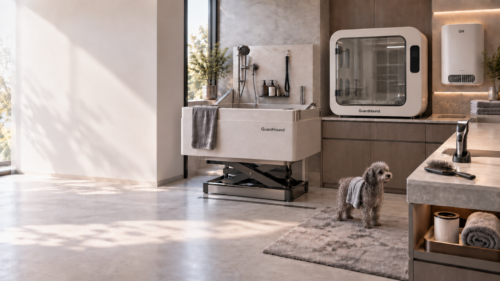GuardHound système d'hygiène et de soins intelligents pour chiens · Usage résidentiel : postes de bain et baignoires intelligents, séchoirs intelligents, purificateurs d'air muraux, outils de coupe et de brossage du poil, accessoires d'hygiène et de soins
