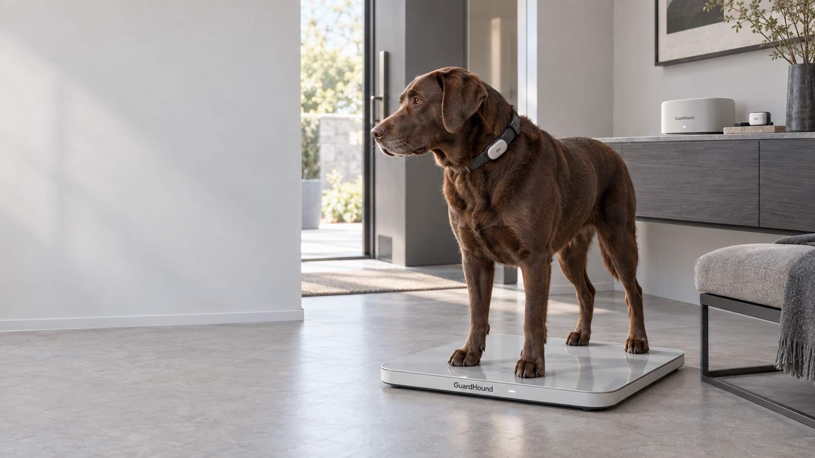 Scène de santé et d'activité intelligentes pour chiens GuardHound : entrée d'une résidence moderne, un labrador chocolat se tient naturellement sur une balance intelligente portant le logo GuardHound, un module de suivi d'activité GH au cou ; sur le meuble latéral, un Health Dock familial GuardHound et un module de synchronisation portable GH ; les données quotidiennes de poids et d'activité se synchronisent en continu dans le contexte domestique