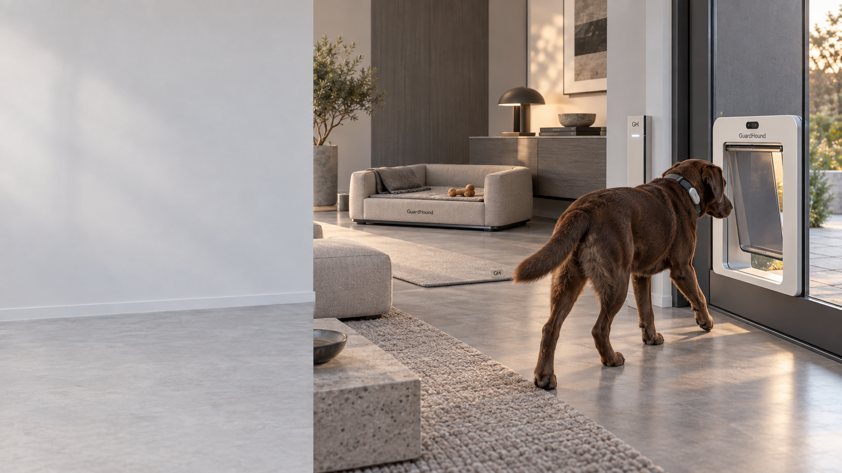 Scène Habitat et accès connectés GuardHound · Résidence moderne haut de gamme : le chien traverse l'espace de confort domestique en direction de la chatière intelligente ; dans le même cadre, niche à température constante et connectée, coussins de confort et dispositifs de gestion des accès par zone à l'intérieur