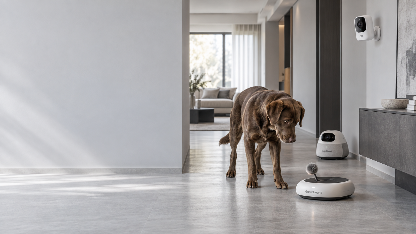 Caméra intelligente pour animaux GuardHound installée en hauteur sur le mur d'entrée, associée à un appareil d'interaction au sol ; un chien adulte traverse le couloir