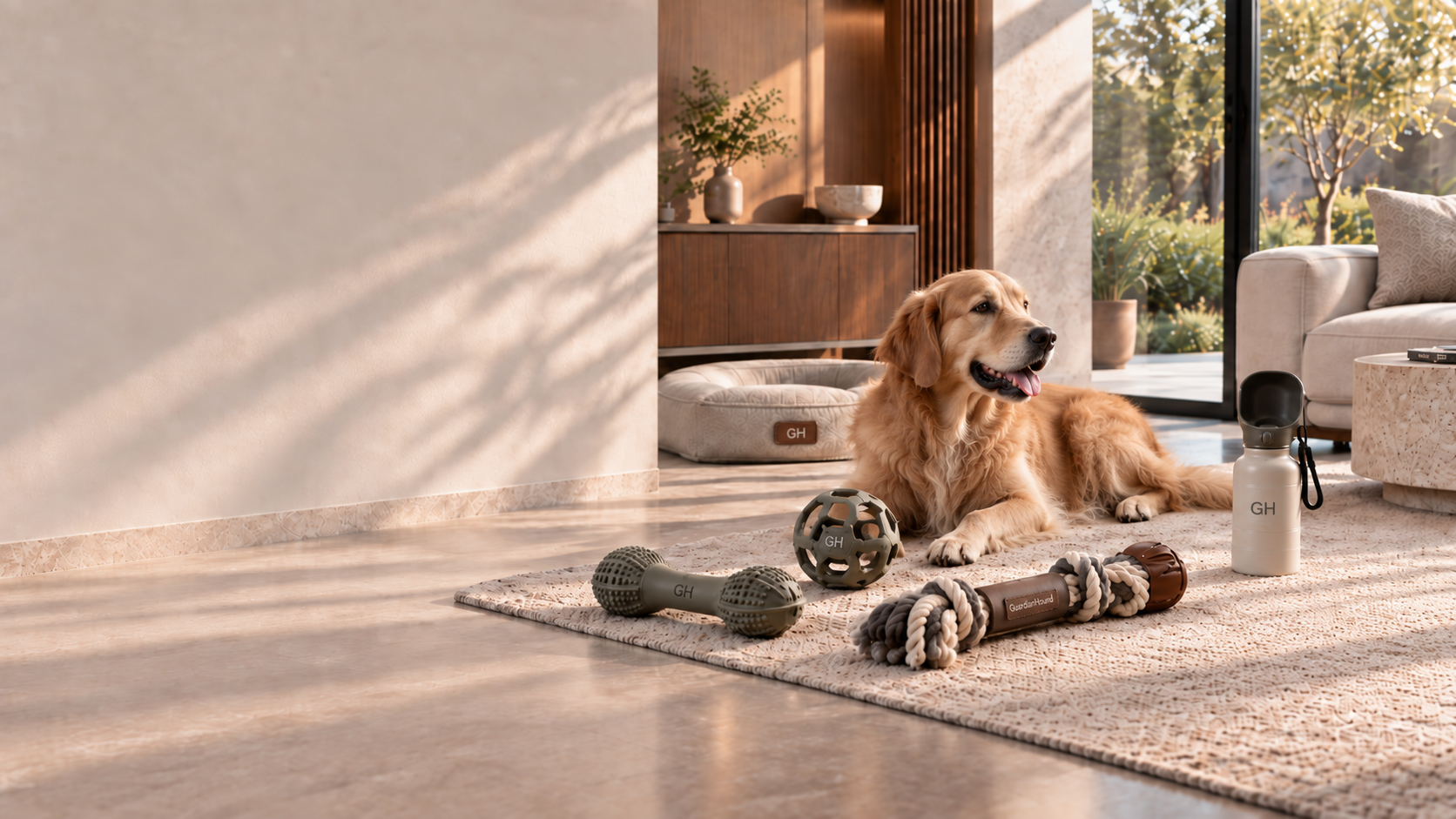 Au sol d'un salon de résidence contemporaine haut de gamme, la famille de jouets pour chien est présentée : os à mâcher résistant vert olive, balle à mâcher ajourée en caoutchouc, corde de tir en coton nouée (poignée en cuir marron estampillée GuardHound), tapis olfactif tressé ; à droite un golden retriever couché en compagnie, à gauche un mur greige et des jeux d'ombre et de lumière naturelle