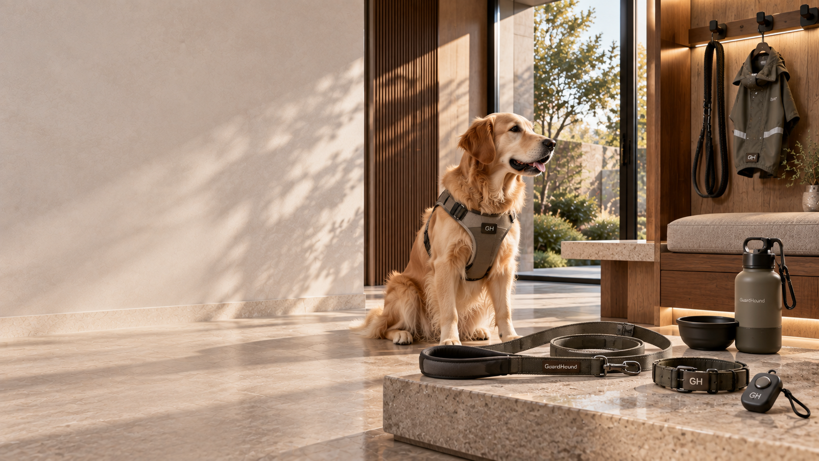 Entrée d'une résidence contemporaine haut de gamme : un golden retriever portant un harnais GH olive assis près d'une marche en pierre, sur le plateau sont disposés une laisse GuardHound en cuir, un collier GH, un clicker d'éducation GH et une gourde d'hydratation portable, à gauche un mur greige gris chaud et la lumière naturelle d'une fenêtre