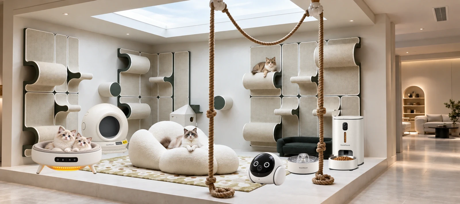 Un espace de vie conçu pour les chats : système mural modulaire à griffer, niche en forme de nuage, niche capsule spatiale, distributeur intelligent et fontaine intelligente, avec trois chats en hauteur, dans une niche et près de la fontaine