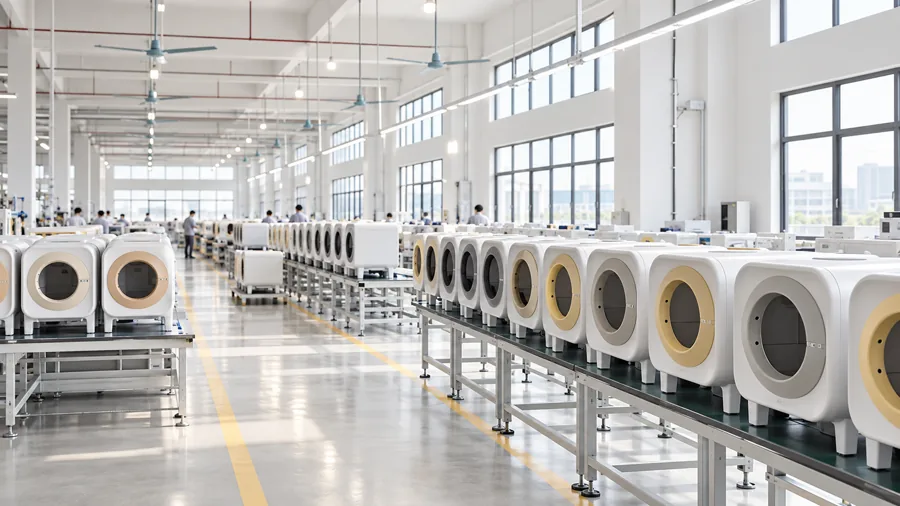 Atelier lumineux de fabrication d'appareils intelligents pour animaux, deux lignes de production avec des rangées d'appareils blancs en perspective et des opérateurs au travail