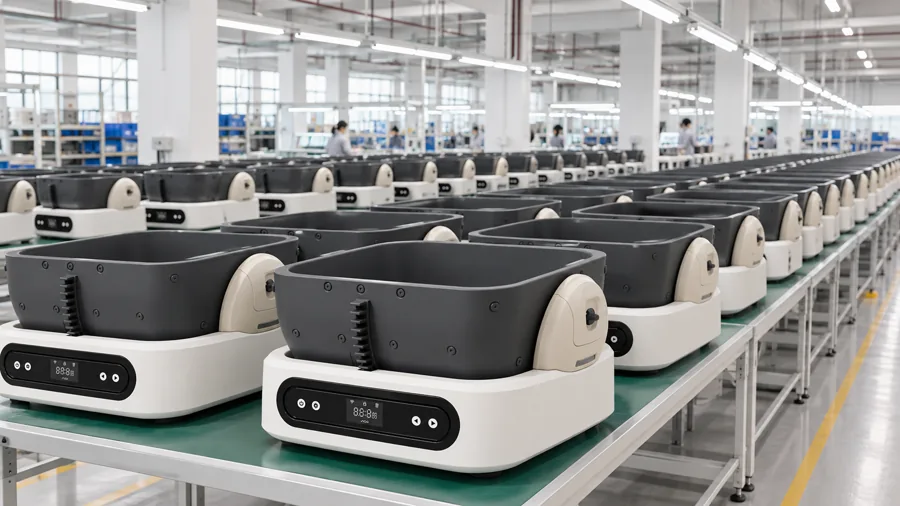 Rangée de distributeurs intelligents pour animaux sur une ligne de production, corps blancs et bols noirs répétés, plateaux s'étendant sur une ligne en profilés aluminium